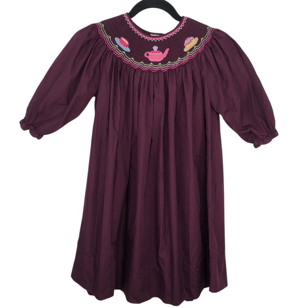 Rosalina Collections Aubergine Tea Party Smocked Bishop Dress Size 6Y 🆕